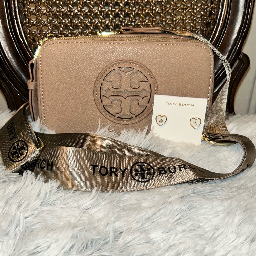Tory Burch Heart Earrings & Tan color Mini Miller Crossbody Bag Bundle